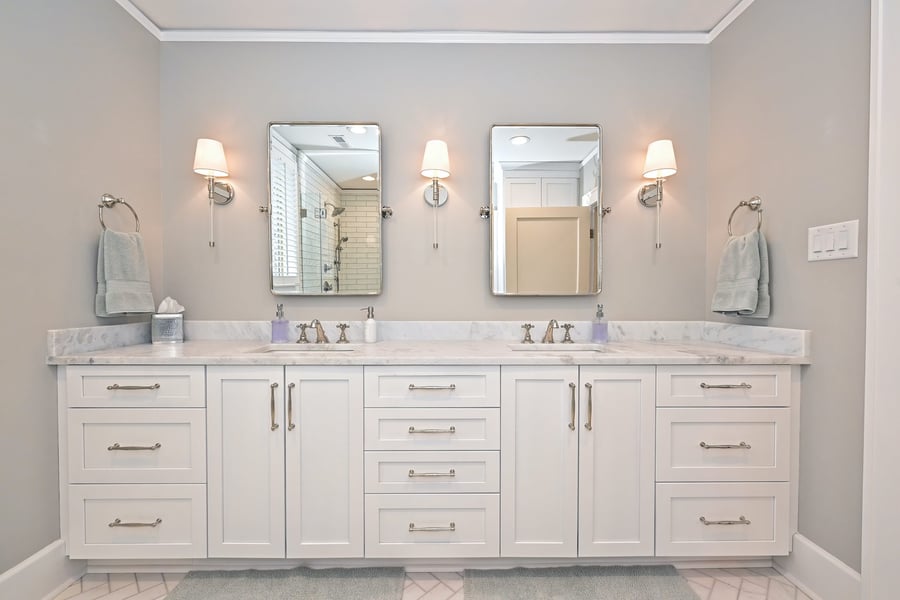 Bright White Bathroom WIth Double Vanity By Hopedale Builders