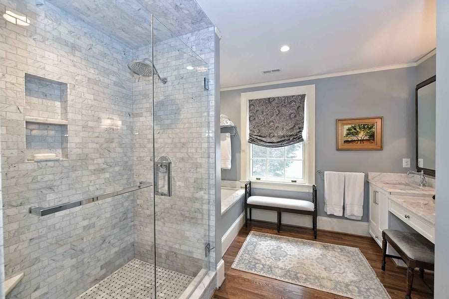 Grey Toned Bathroom With Walkin Shower By Hopedale Builders