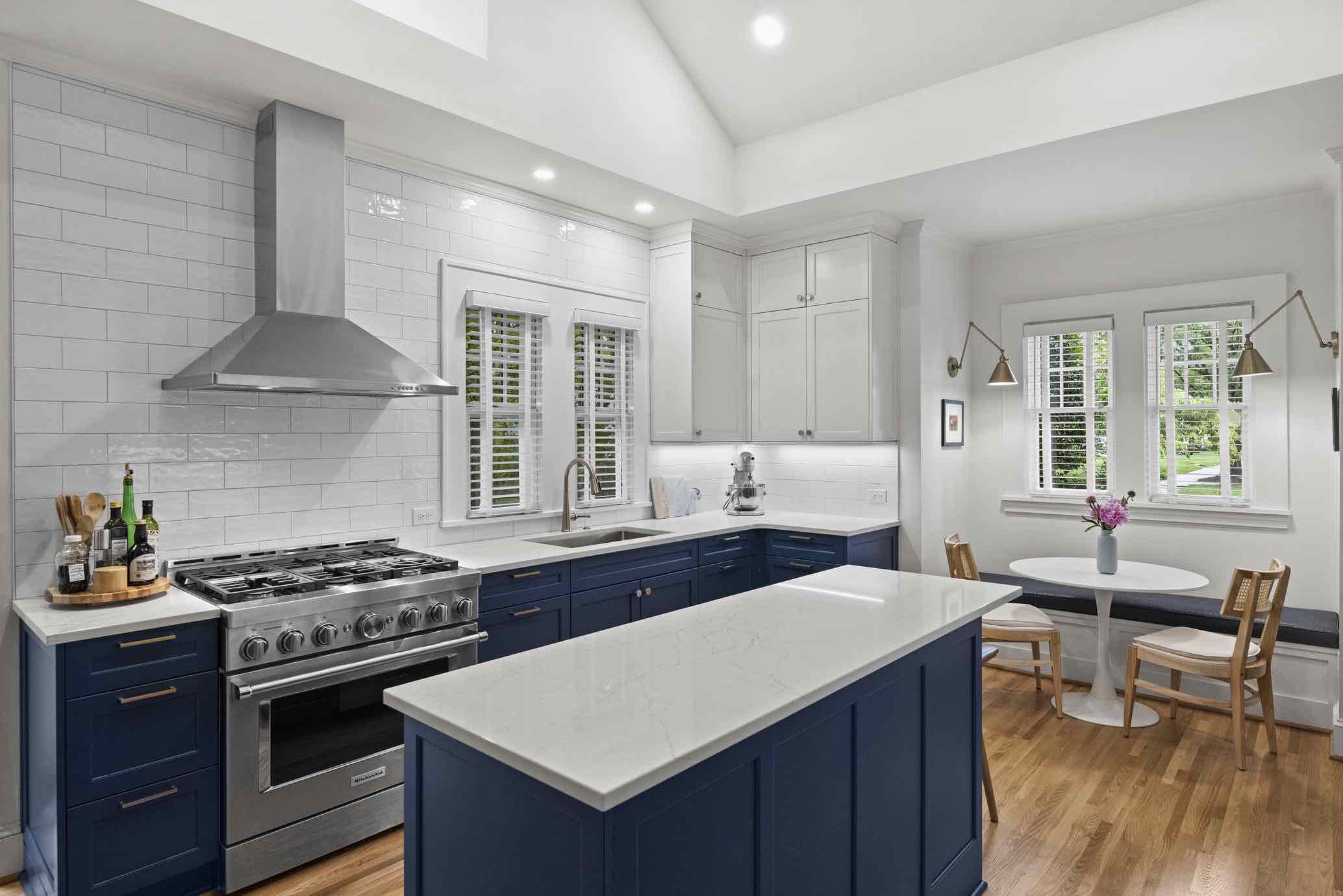 Carberry Kitchen Remodel White Waterfall Countertops by Hopedale Builders in Dilworth