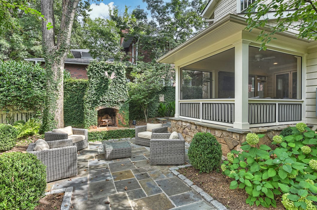 McBryde residence exterior covered patio and stone path