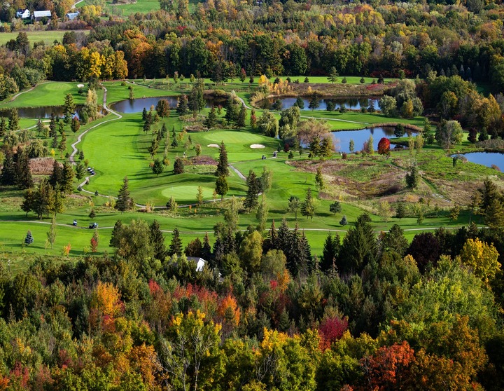 stock image of golf course with trees and houses around 