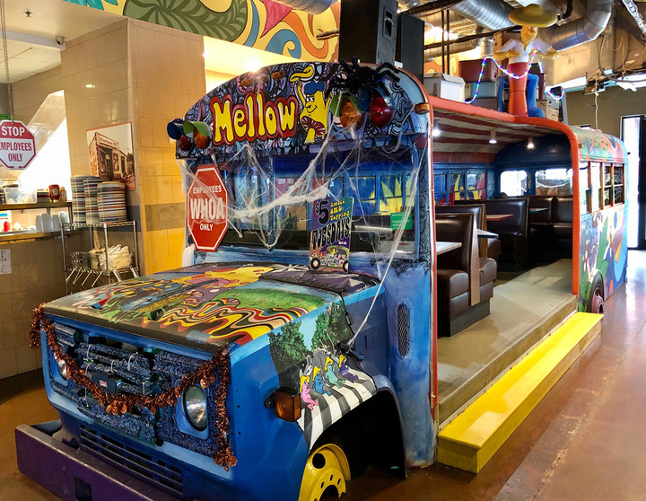 Photo of bus seating in Mellow Mushroom restaurant in Myers Park, North Carolina